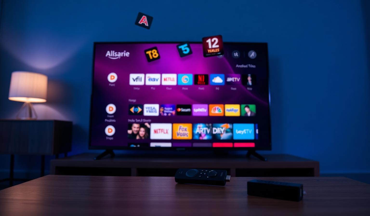 Smart TV displaying multiple IPTV streaming apps with Firestick and Android TV remote on a wooden table