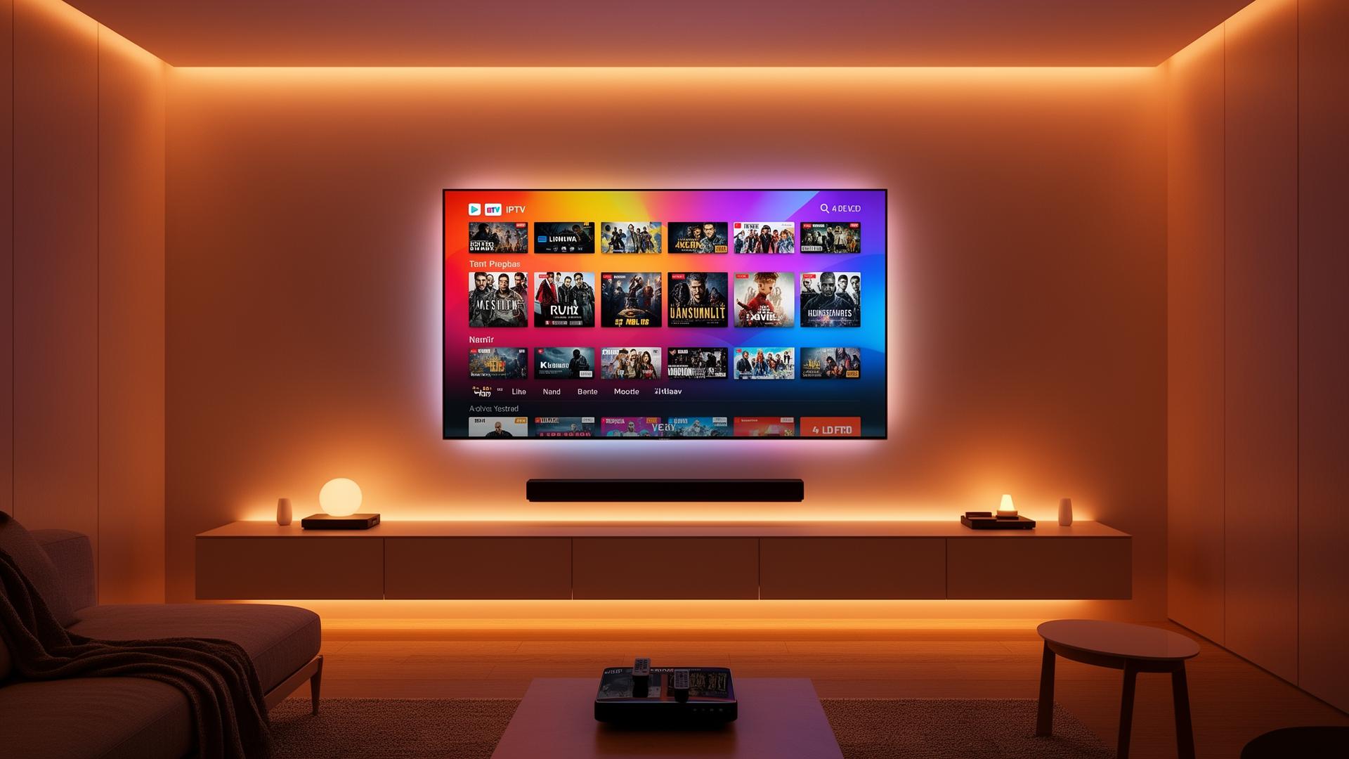 Modern living room with a wall-mounted 4K OLED Smart TV displaying an IPTV channel guide with colorful thumbnails, ambient lighting, and minimalist entertainment unit