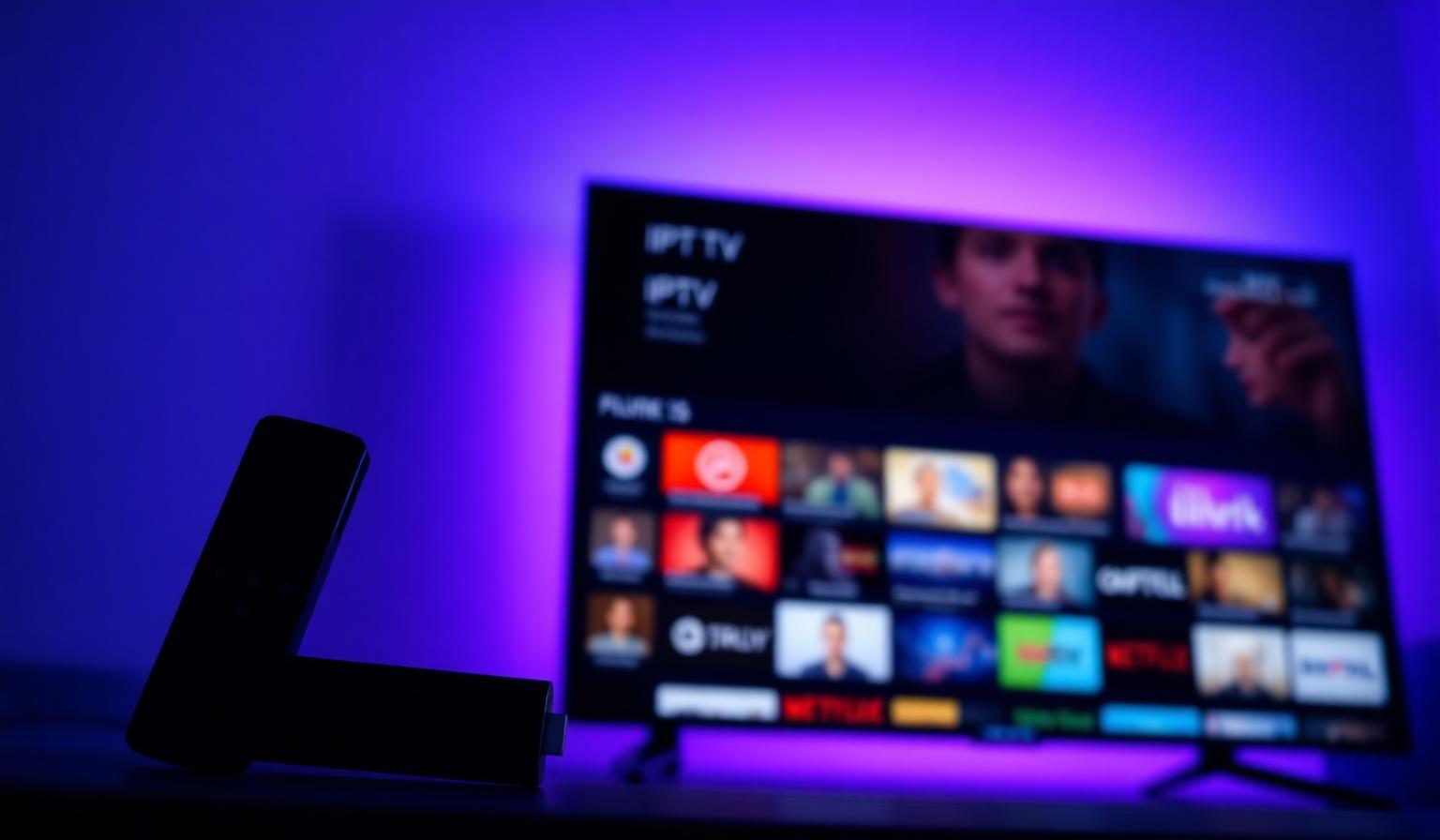 Amazon Firestick remote in front of a smart TV showing an IPTV streaming app with live channel grid