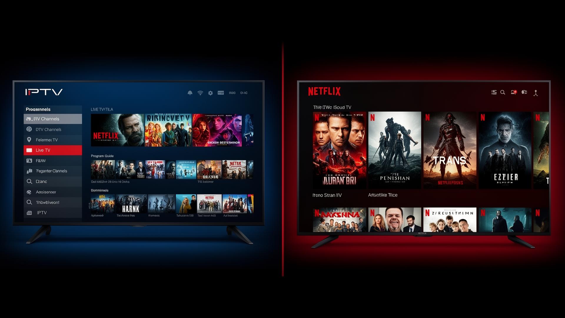 Modern split-screen comparison of IPTV live television interface and Netflix streaming app interface on a sleek Smart TV in a contemporary living room